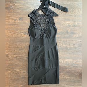 High neck lace bodycon dress black